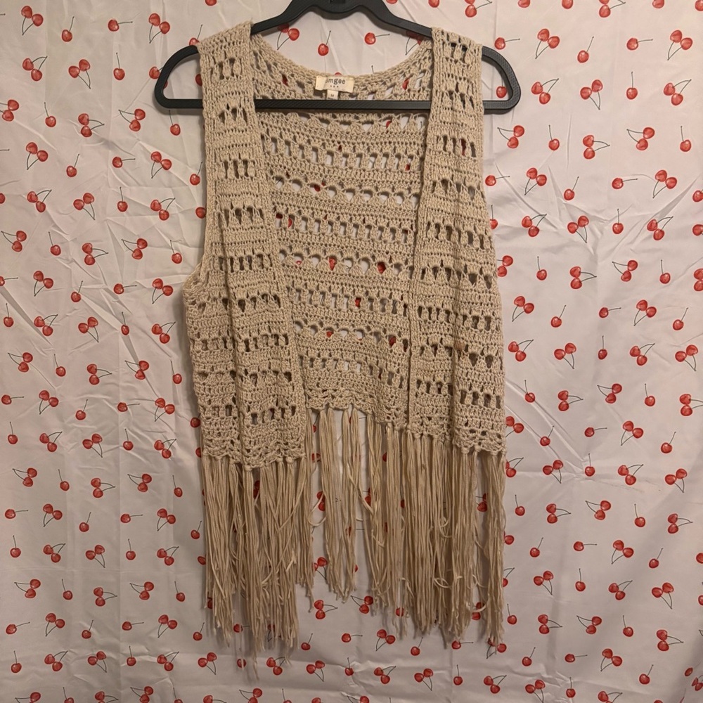 Umgee Tan Crochet Vest with Fringe